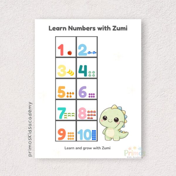 Zumi Numbers Poster 1–10 Printable | Toddler Learning Chart | Preschool Wall Art (A4 + US Letter)
