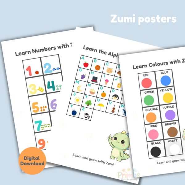 Zumi Learning Posters Bundle Printable | Numbers 1–10, Alphabet A–Z & Colours Chart | Toddler Learning Wall Art (A4 + US Letter)