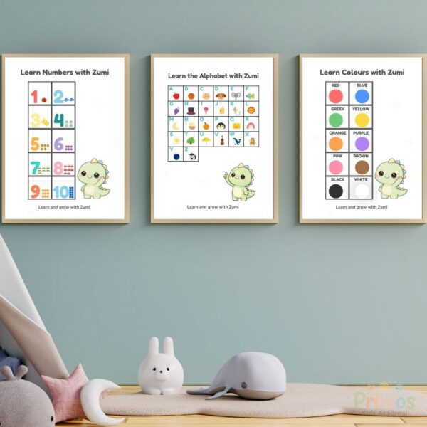 Zumi Learning Posters Bundle Printable | Numbers 1–10, Alphabet A–Z & Colours Chart | Toddler Learning Wall Art (A4 + US Letter)